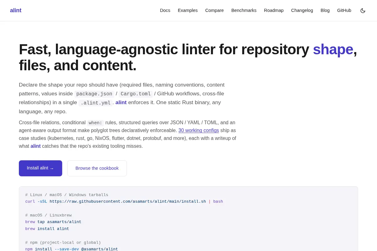 alint: Language-agnostic linter for repository shape, files, and content.