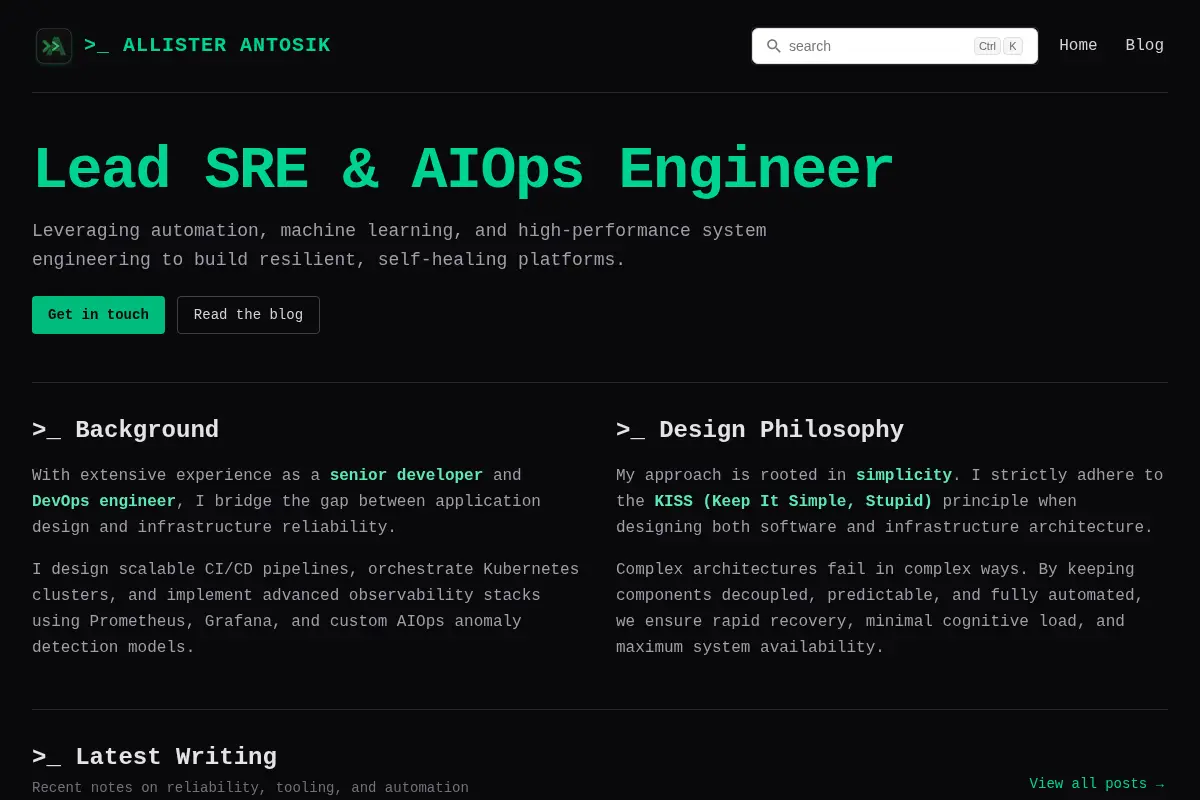 Allister Antosik - Lead SRE & AIOps Engineer Portfolio