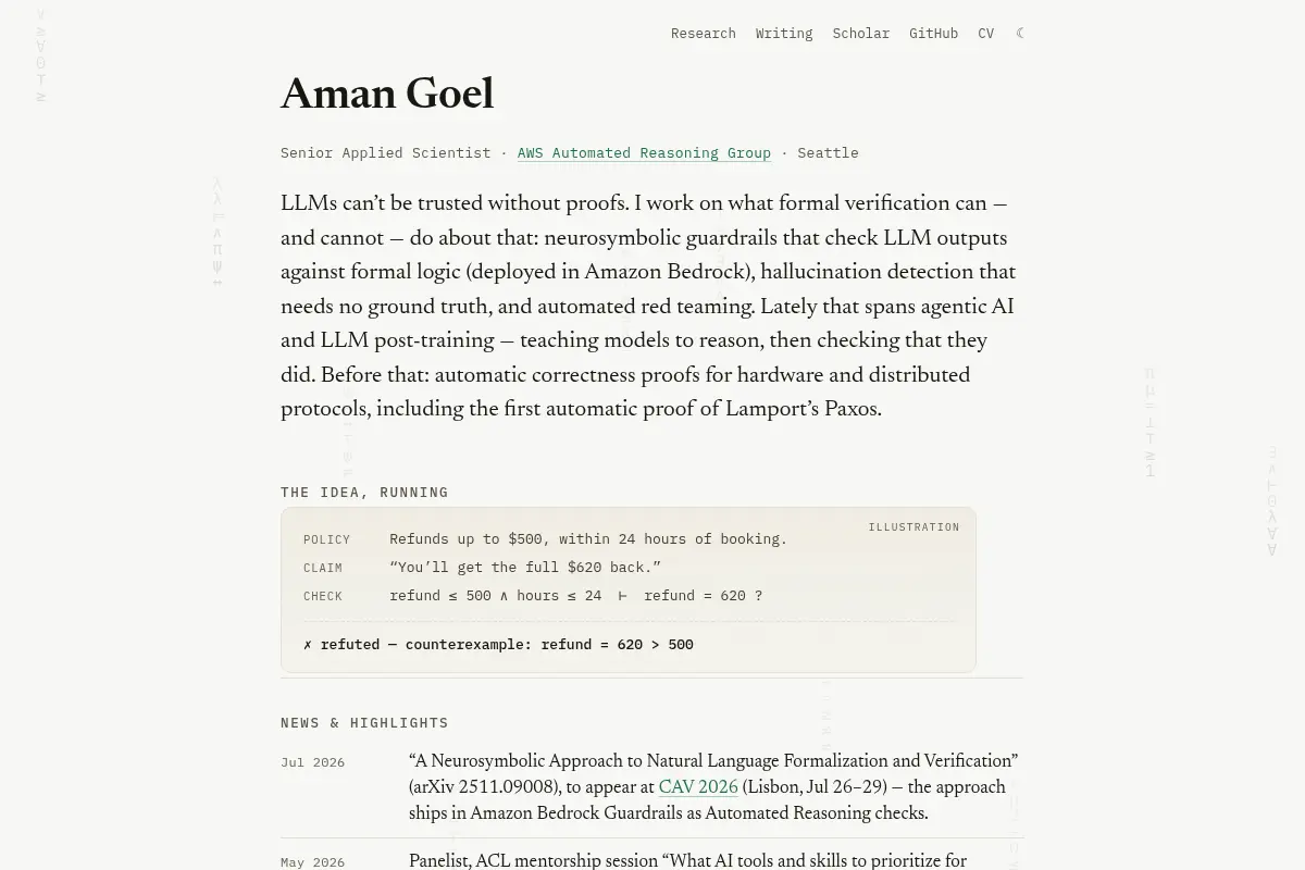 Aman Goel — Neurosymbolic AI & Formal Verification