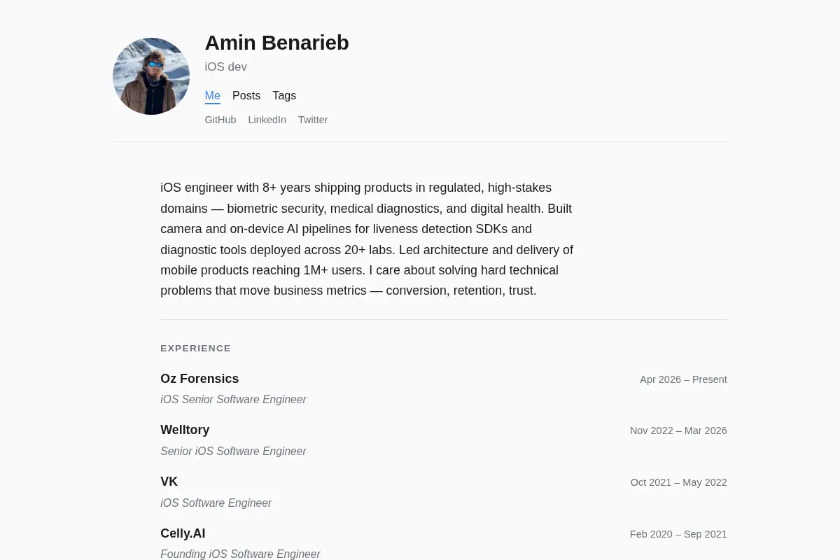 Amin Benarieb — Senior iOS Engineer · Biometric Security & HealthTech