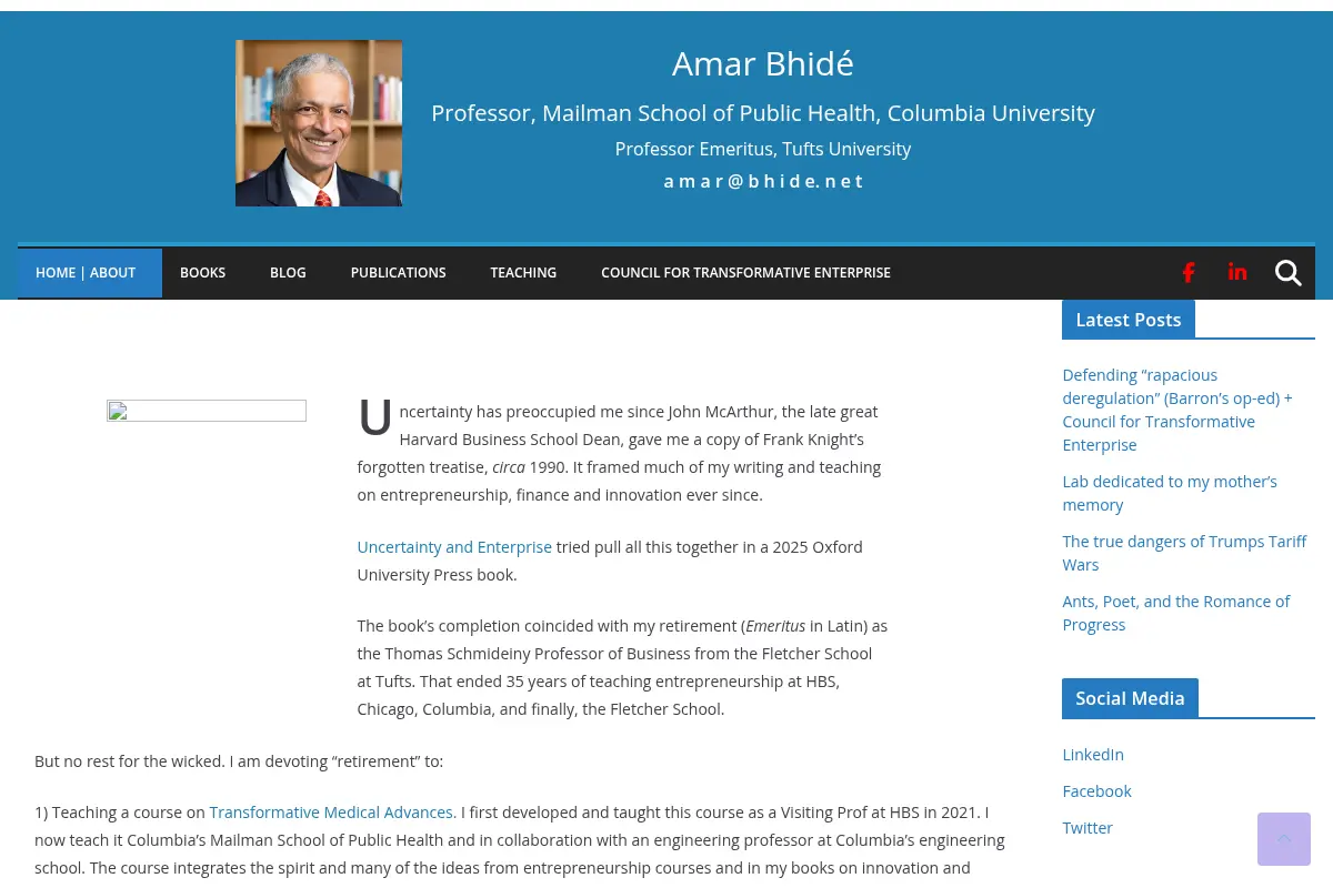 Amar Bhidé – Teaching and disseminating course on Transformational Advances