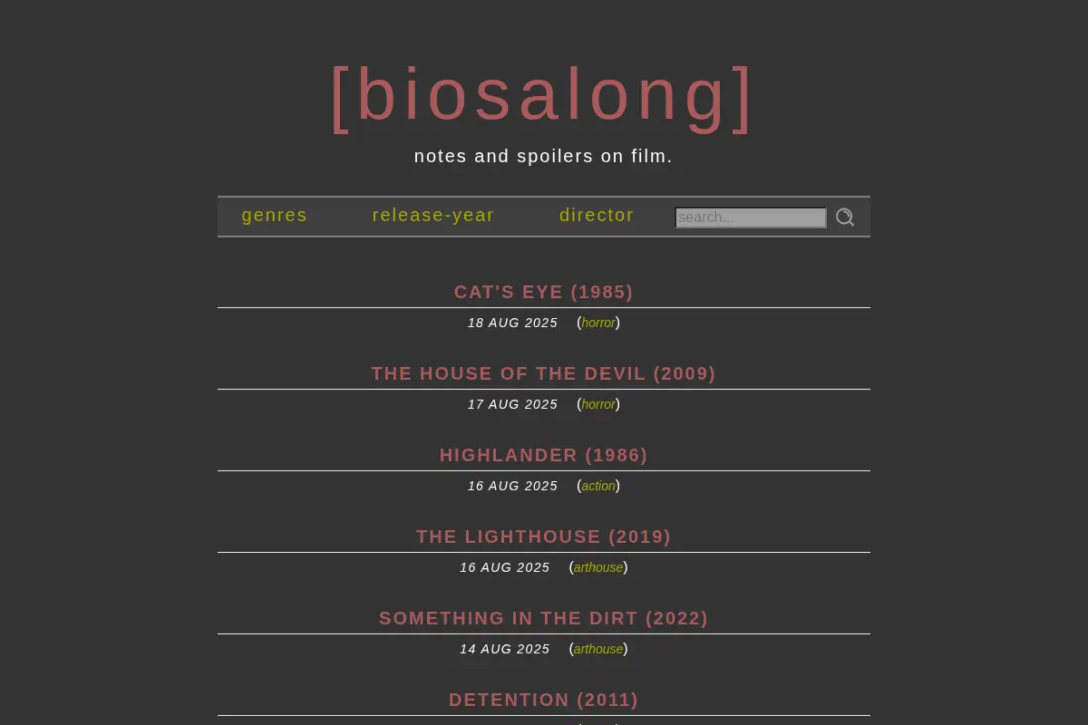 Biosalong: notes and spoilers on film.