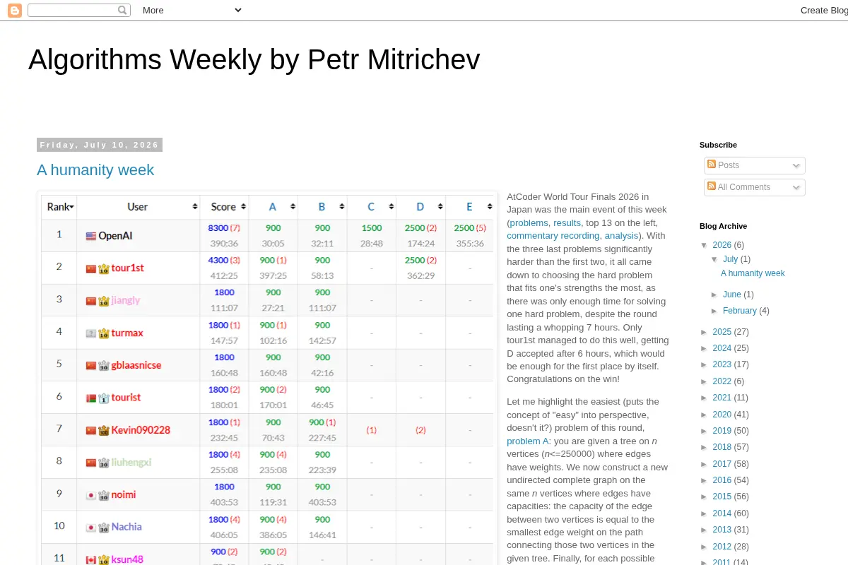 Algorithms Weekly by Petr Mitrichev