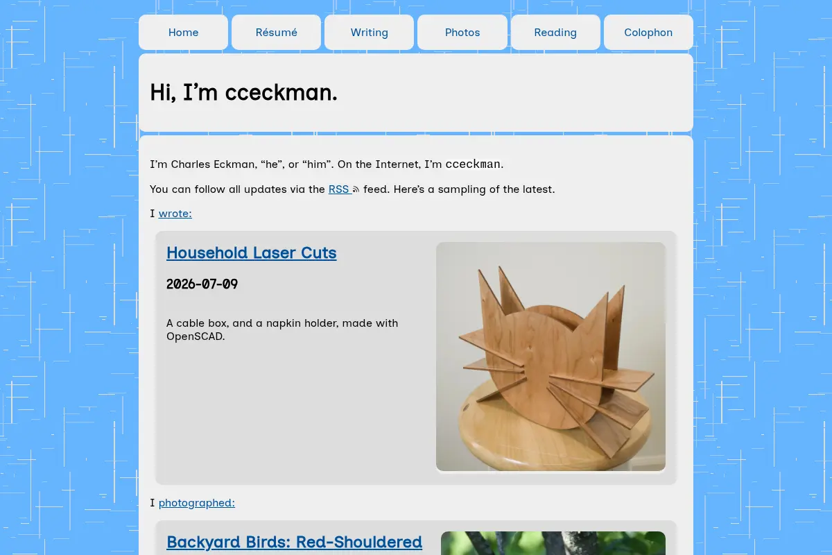 Hi, I'm cceckman.