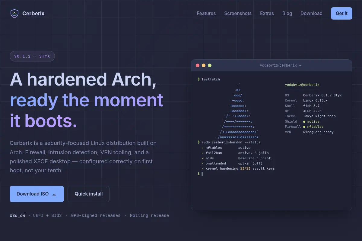 Cerberix Linux — Hardened Arch, ready to use