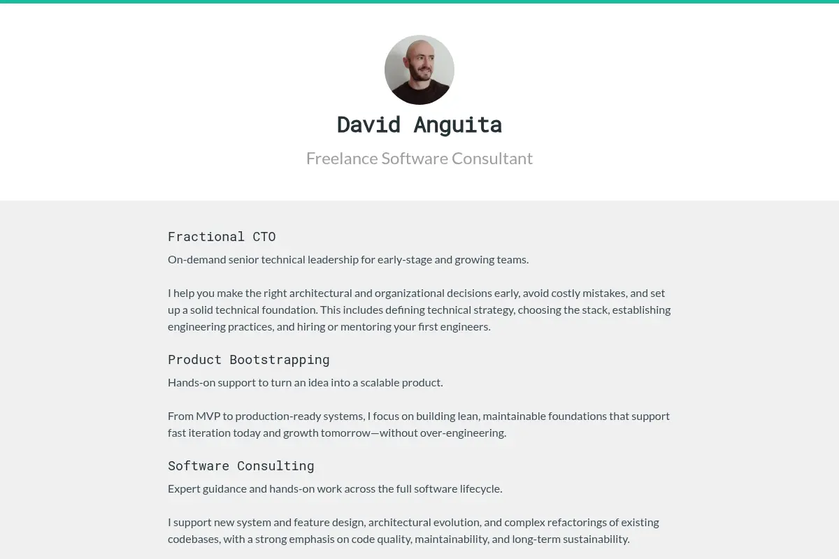 David Anguita. Independent software consultant. Freelancer. Ruby, Rails, JavaScript.