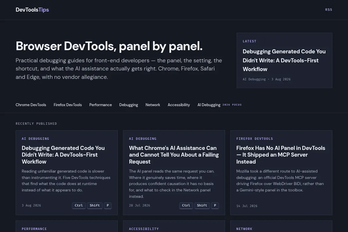 DevTools Tips — Browser DevTools & AI Debugging Guides