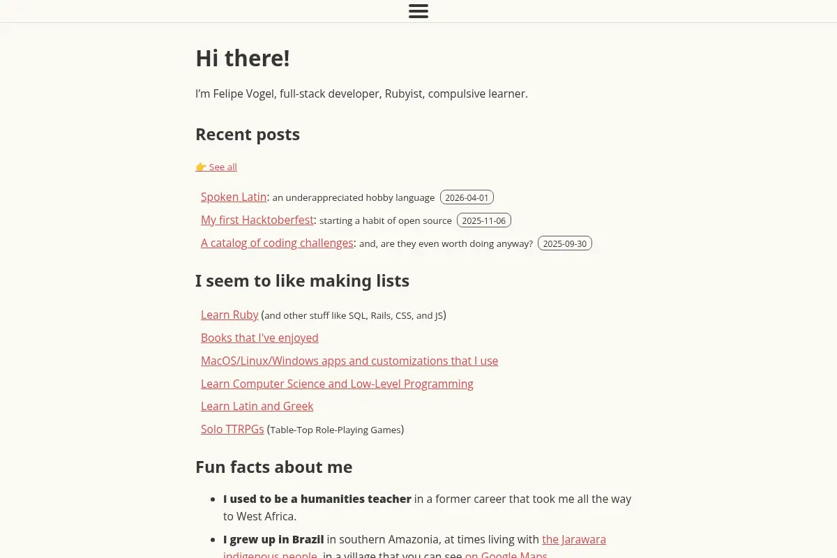 Felipe Vogel: Web developer and Rubyist blogging on my learning, coding, and career.