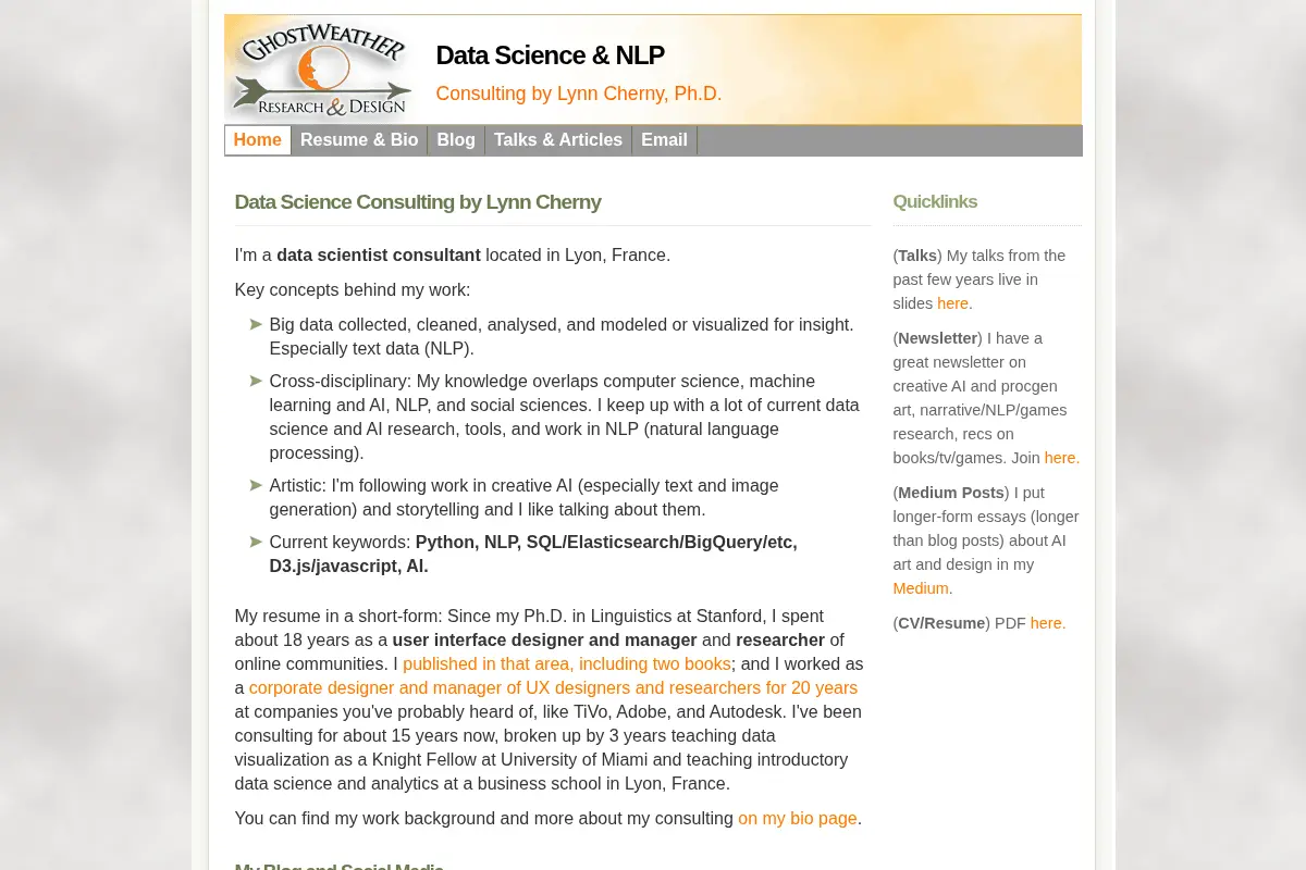 Lynn Cherny, Ghostweather: Data Science/NLP Consulting