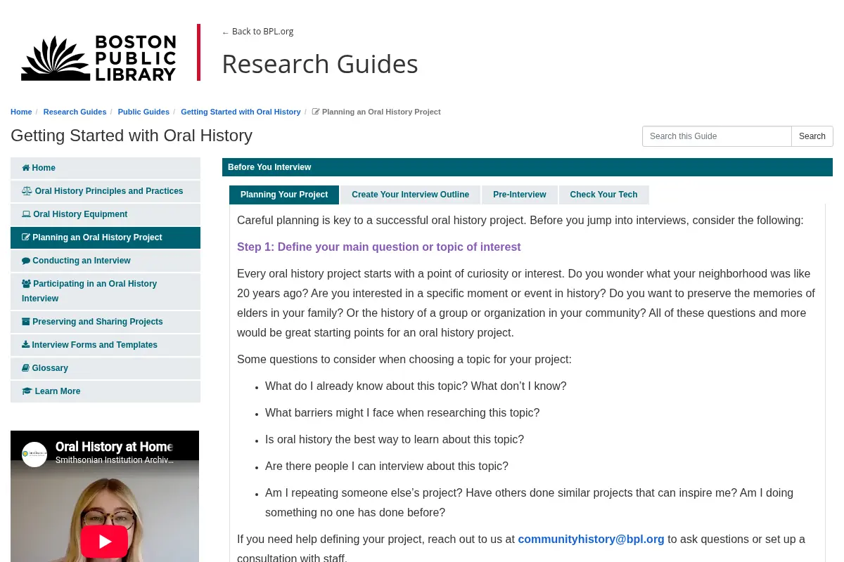 Planning an Oral History Project - Getting Started with Oral History - Research Guides at Boston Public Library