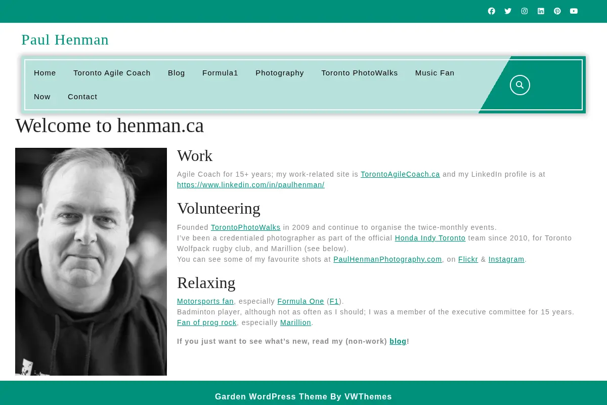 Paul Henman – Englishman living in Canada; photographer; Agile coach; badminton player; Formula One (F1) fan.