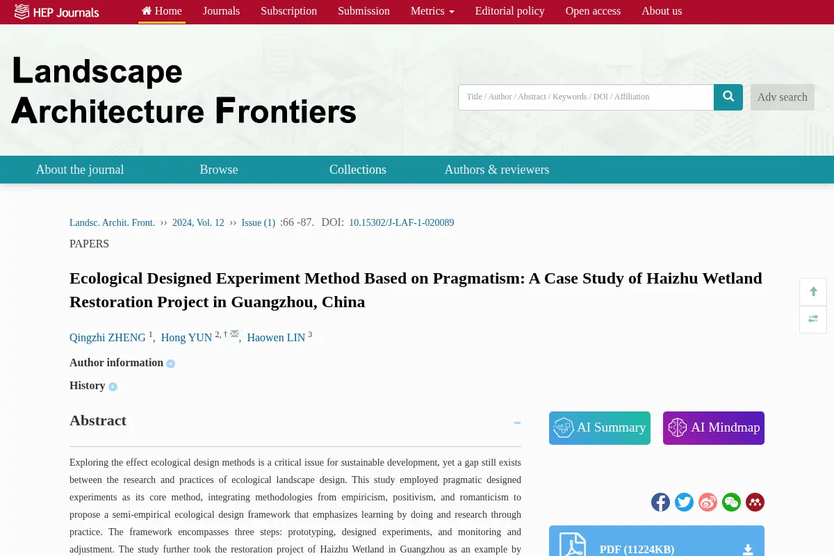 Ecological Designed Experiment Method Based on Pragmatism: A Case Study of Haizhu Wetland Restoration Project in Guangzhou, China
