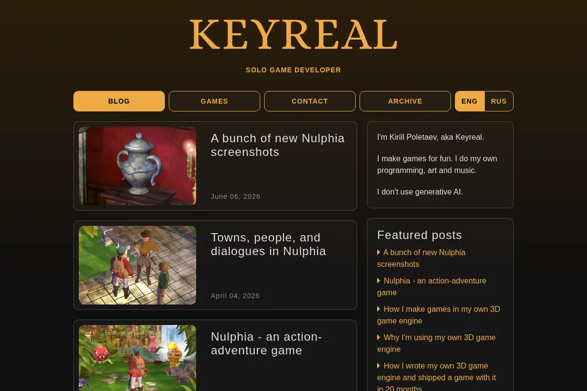 Kirill Poletaev, aka Keyreal — solo game developer