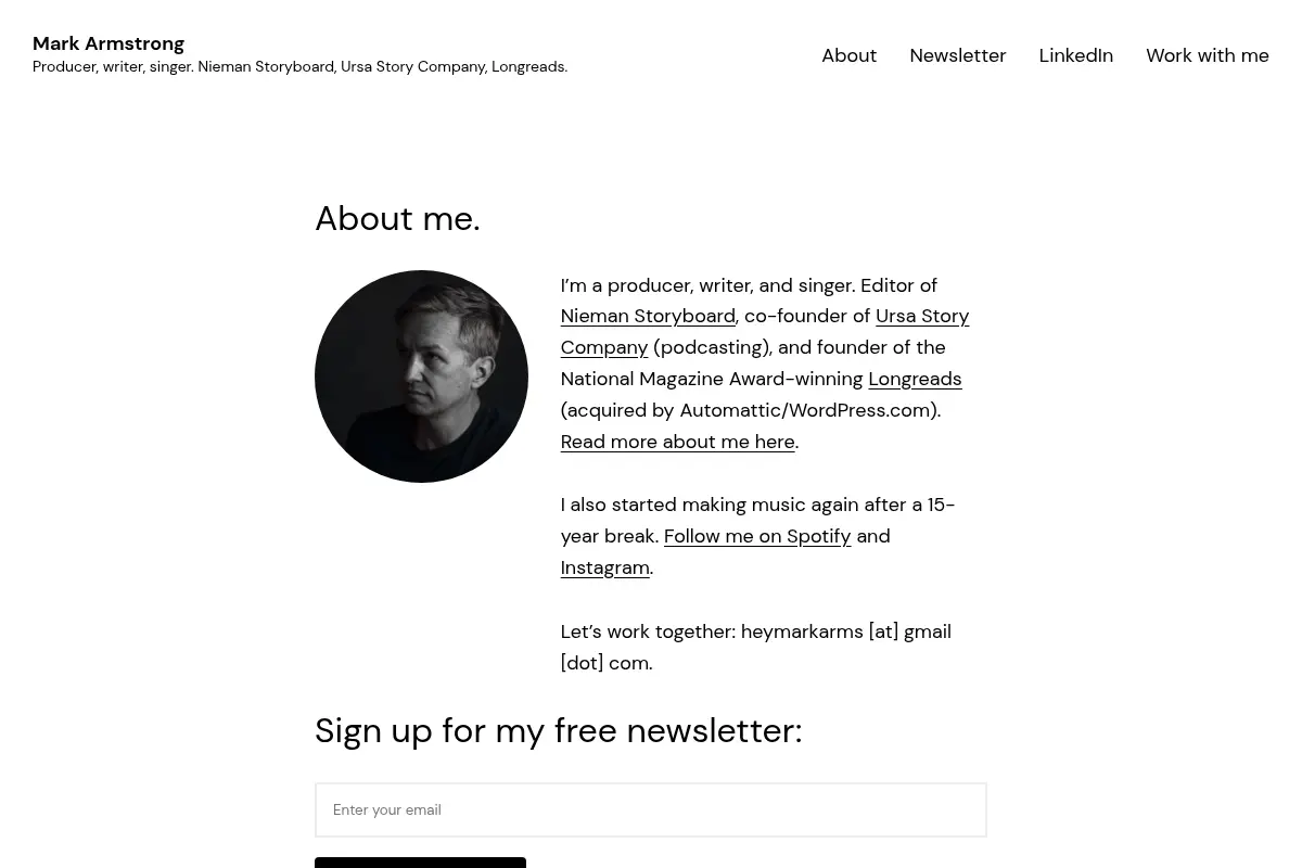 Mark Armstrong – Producer, writer, singer. Nieman Storyboard, Ursa Story Company, Longreads.