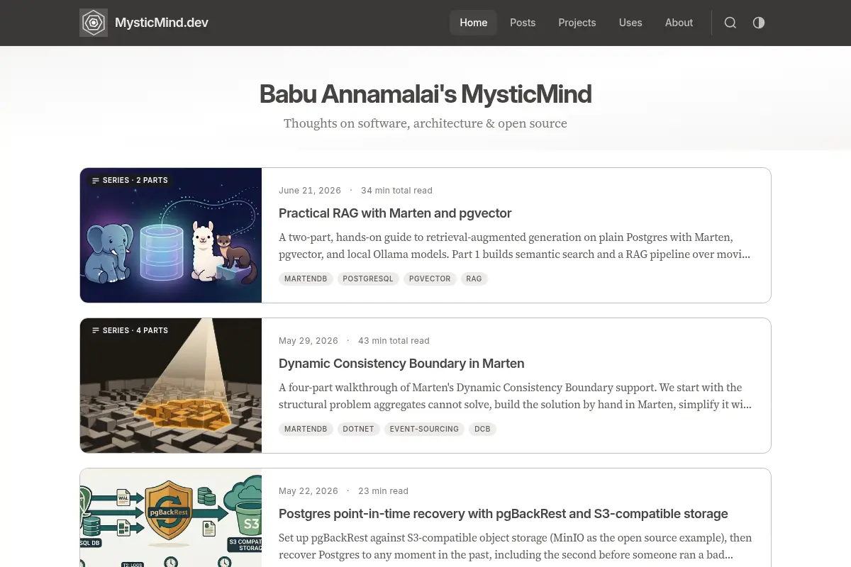 MysticMind.dev | Thoughts on software architecture, .NET, open source, and building things that last. By Babu Annamalai.