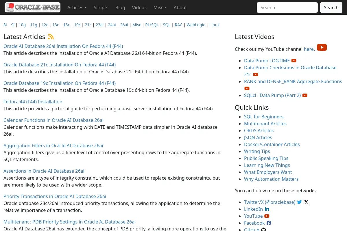 ORACLE-BASE: Oracle DBA and Development Articles