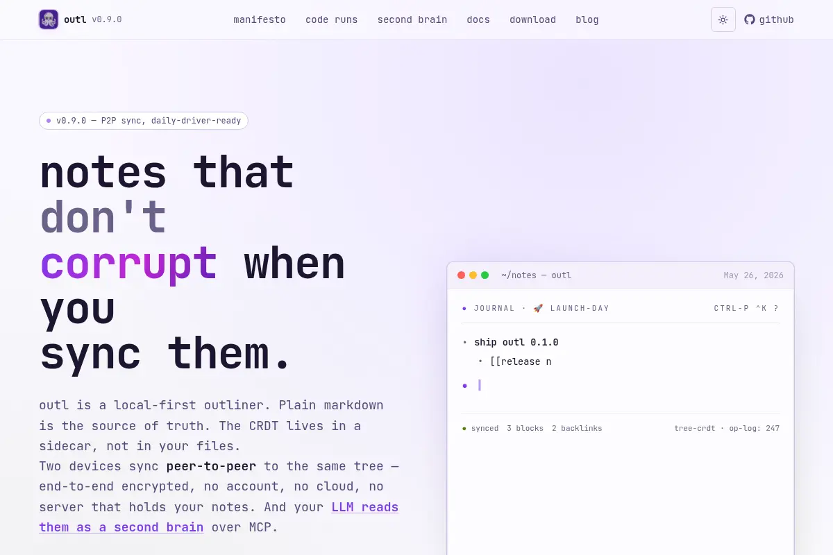outl — local-first markdown outliner & LLM second brain