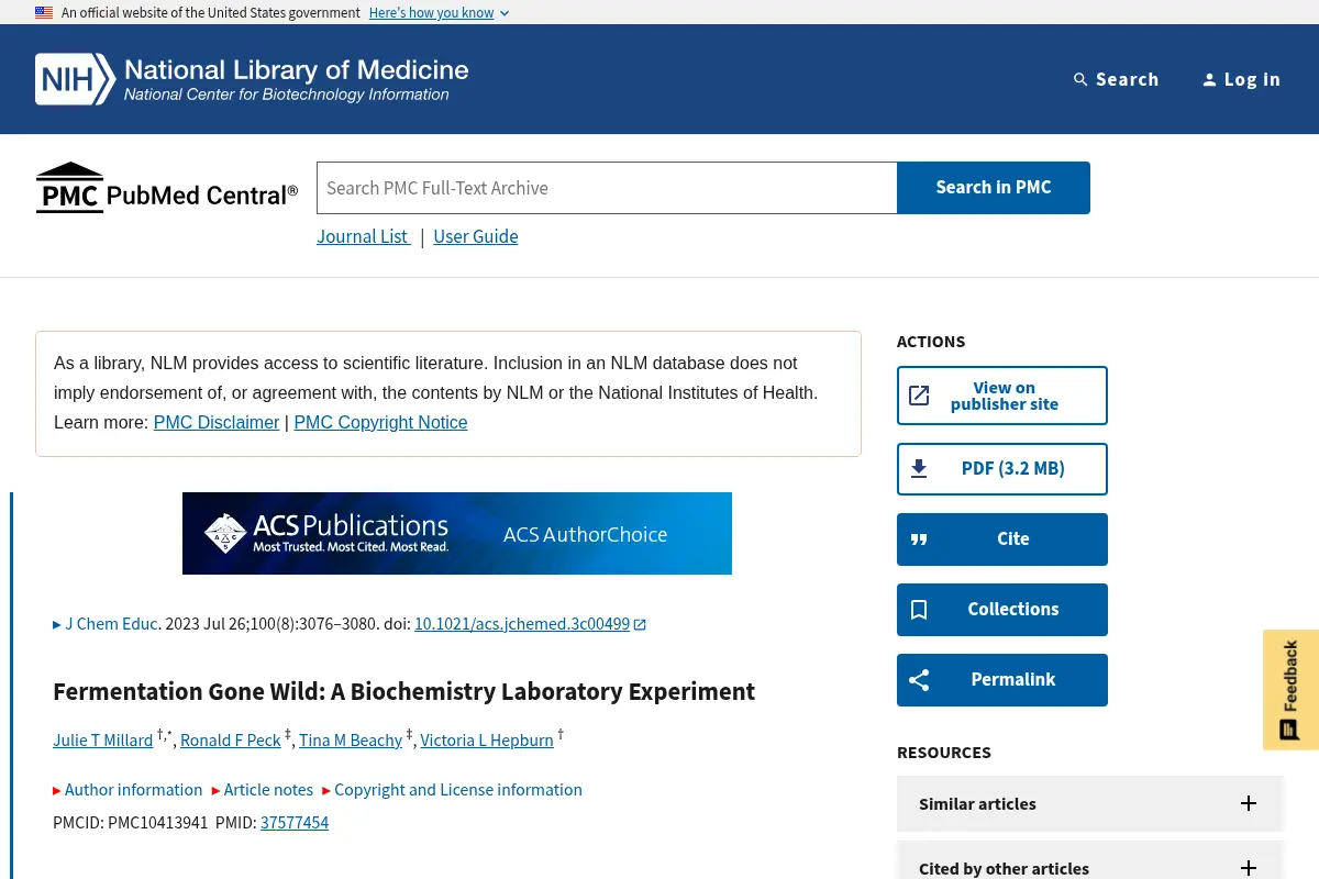 Fermentation Gone Wild: A Biochemistry Laboratory Experiment
