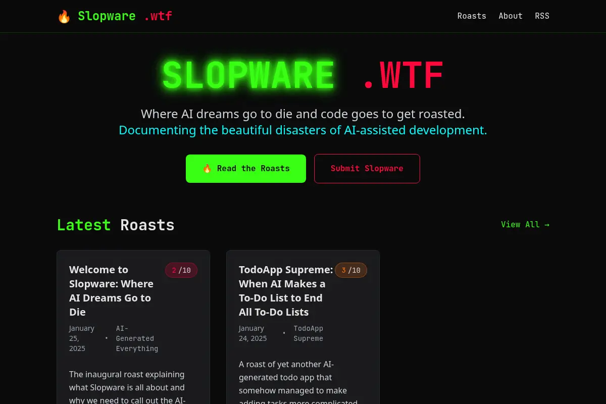 Slopware.wtf - Roasting AI-Generated Garbage Software
