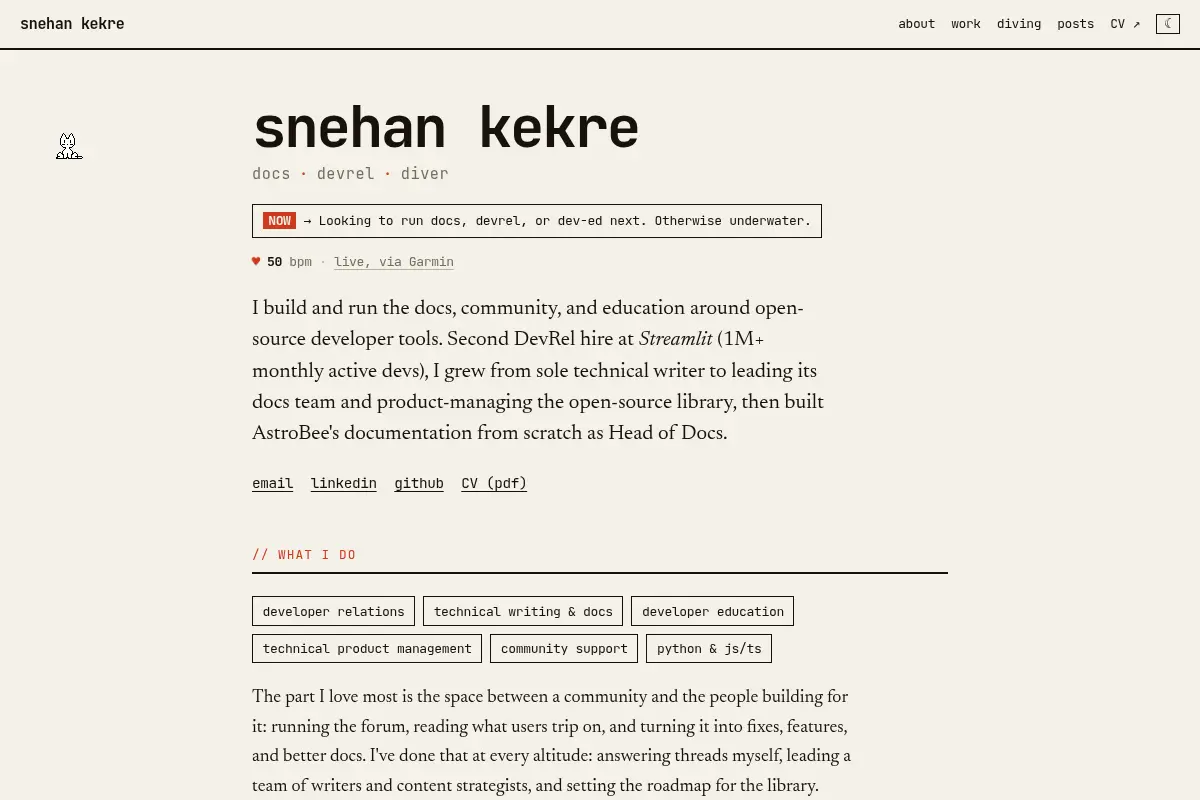 Snehan Kekre · docs, devrel & diving