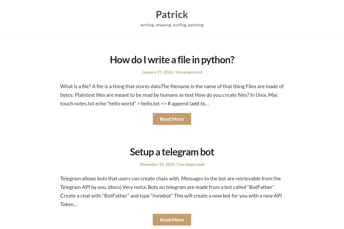Patrick – writing, drawing, surfing, painting