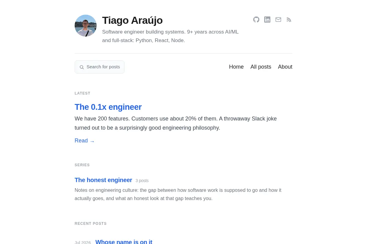 Tiago Araújo · Software engineer building systems.