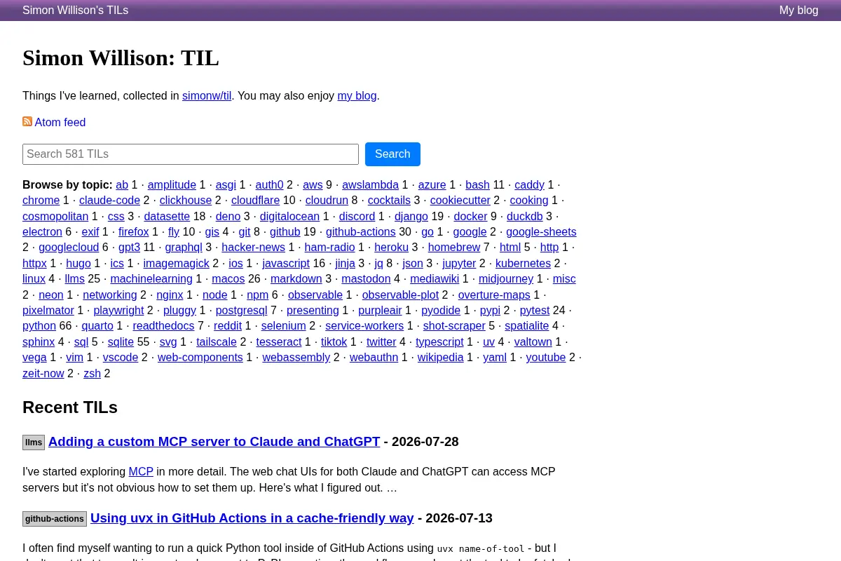 Simon Willison: TIL