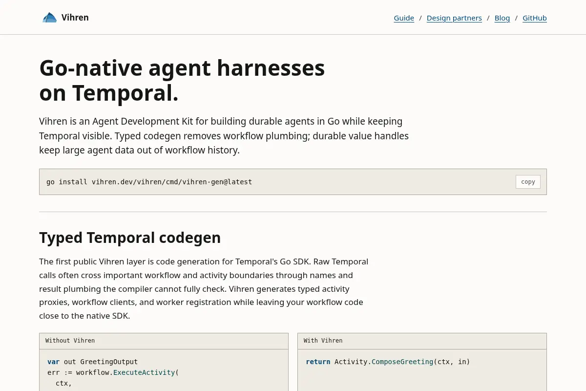Vihren - Typed Go workflows and durable agent storage on Temporal
