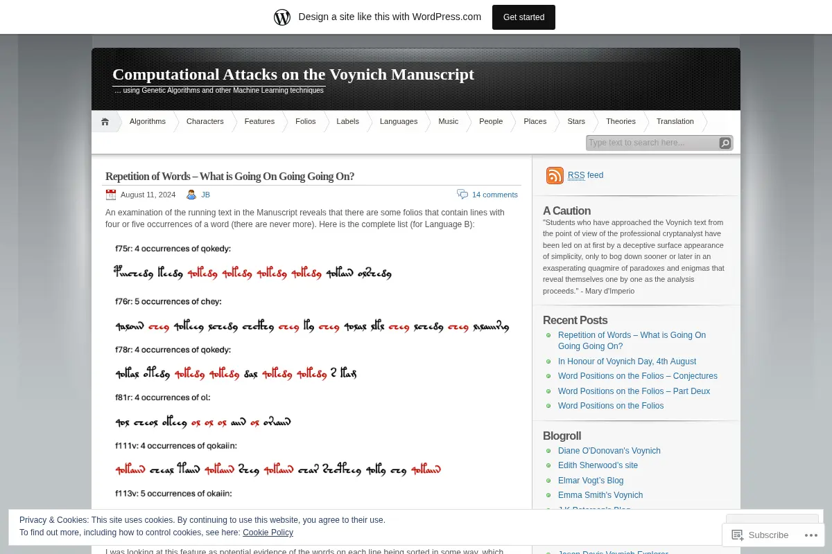 Computational Attacks on the Voynich Manuscript | … using Genetic Algorithms and other Machine Learning techniques