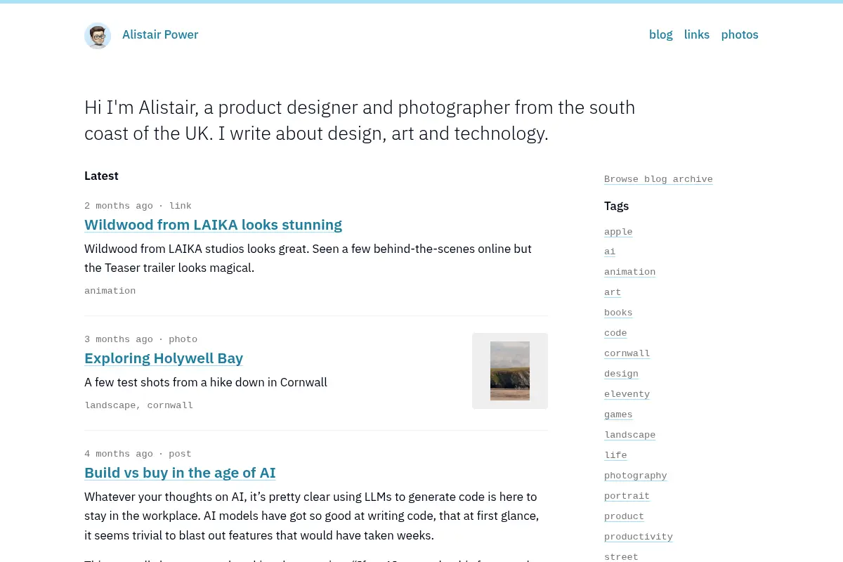 Hi I'm Alistair. I'm a Product Designer, Developer and Photographer.