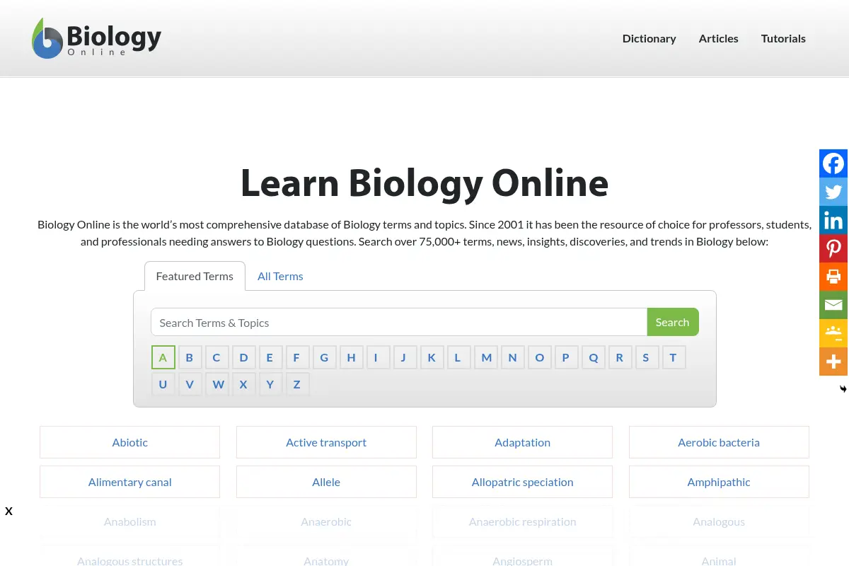 Learn Biology Online - Biology Articles, Tutorials & Dictionary Online
