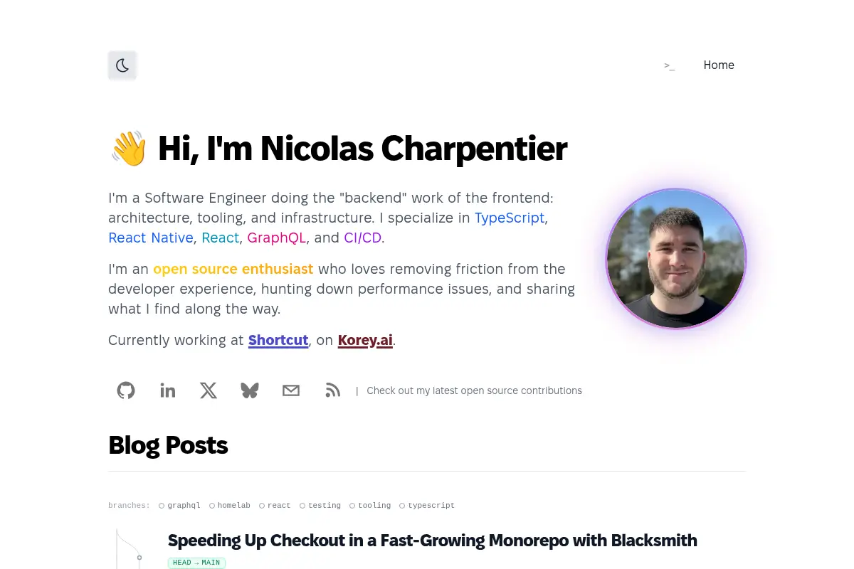 Nicolas Charpentier — Frontend Infrastructure & Developer Tooling