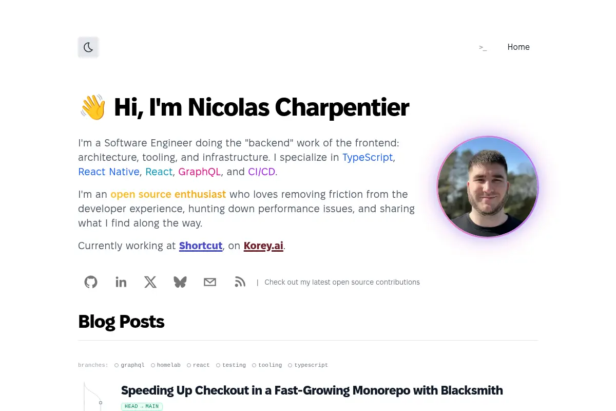 Nicolas Charpentier — Frontend Infrastructure & Developer Tooling