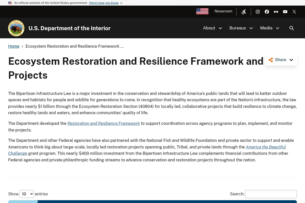 Ecosystem Restoration and Resilience Framework and Projects | U.S. Department of the Interior