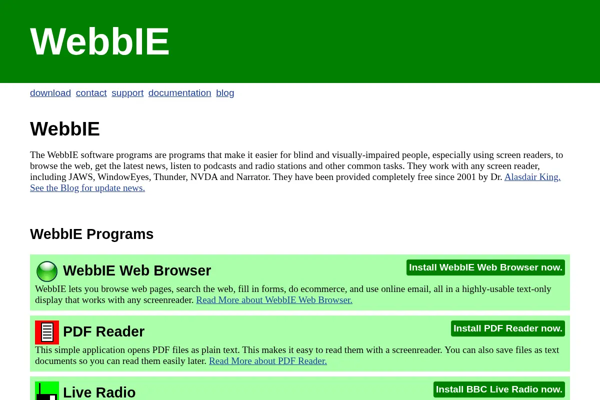 WebbIE - Accessible Windows Software for Blind Users